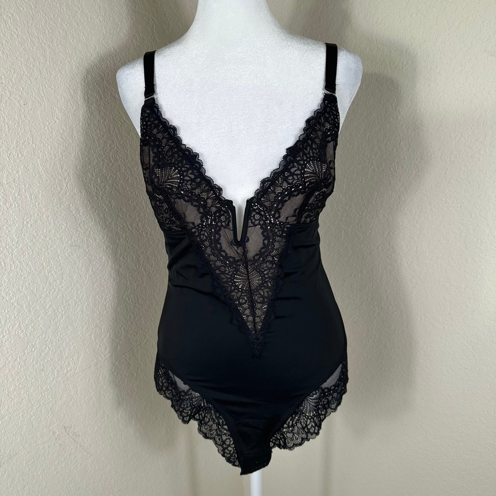 V-Neck Bodysuit Women S Black Lace Trim Lingerie Gothic Feminine Glam Romance